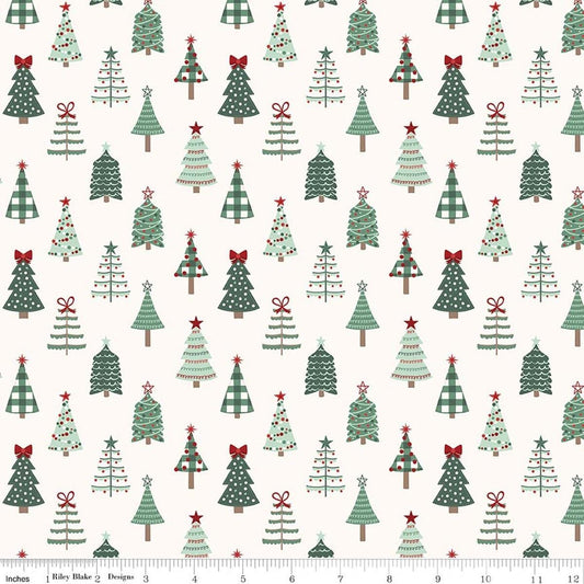 Image of Evergreen Wishes Trees Cream quilting cotton fabric by Traci Reed for Riley Blake Designs. Features trees on a white background. Cute Little Fabric Shop.