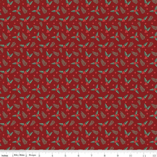 Image of Evergreen Wishes Holly Berries Red quilting cotton fabric by Traci Reed for Riley Blake Designs. Features berries on a red background. Cute Little Fabric Shop.