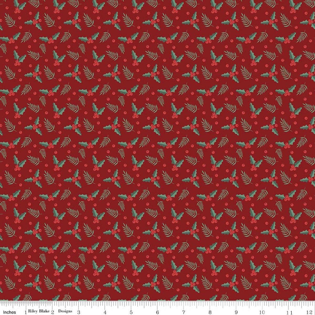 Image of Evergreen Wishes Holly Berries Red quilting cotton fabric by Traci Reed for Riley Blake Designs. Features berries on a red background. Cute Little Fabric Shop.