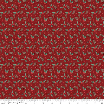 Image of Evergreen Wishes Holly Berries Red quilting cotton fabric by Traci Reed for Riley Blake Designs. Features berries on a red background. Cute Little Fabric Shop.