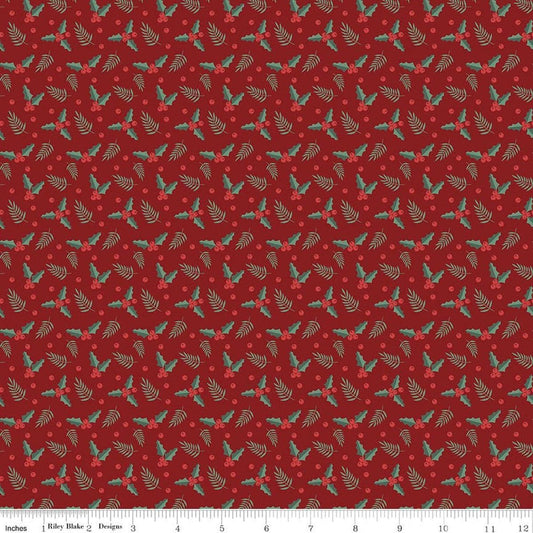 Image of Evergreen Wishes Holly Berries Red quilting cotton fabric by Traci Reed for Riley Blake Designs. Features berries on a red background. Cute Little Fabric Shop.