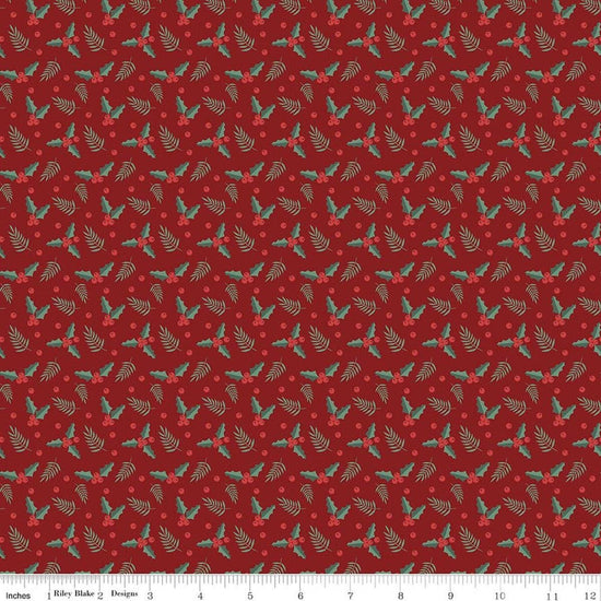Image of Evergreen Wishes Holly Berries Red quilting cotton fabric by Traci Reed for Riley Blake Designs. Features berries on a red background. Cute Little Fabric Shop.