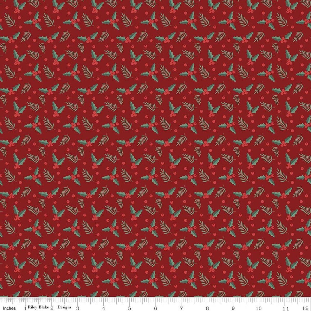 Image of Evergreen Wishes Holly Berries Red quilting cotton fabric by Traci Reed for Riley Blake Designs. Features berries on a red background. Cute Little Fabric Shop.