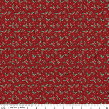 Image of Evergreen Wishes Holly Berries Red quilting cotton fabric by Traci Reed for Riley Blake Designs. Features berries on a red background. Cute Little Fabric Shop.