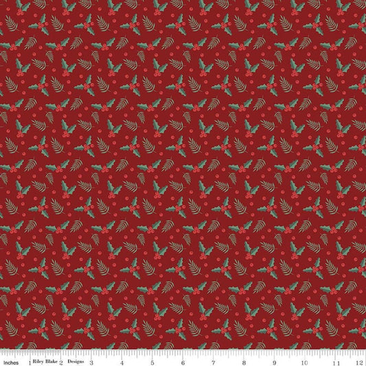Image of Evergreen Wishes Holly Berries Red quilting cotton fabric by Traci Reed for Riley Blake Designs. Features berries on a red background. Cute Little Fabric Shop.