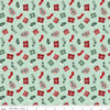 Image of Evergreen Wishes Stockings & Gifts Mint quilting cotton fabric by Traci Reed for Riley Blake Designs. Features presents on a green background. Cute Little Fabric Shop.