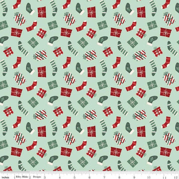 Image of Evergreen Wishes Stockings & Gifts Mint quilting cotton fabric by Traci Reed for Riley Blake Designs. Features presents on a green background. Cute Little Fabric Shop.