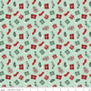 Image of Evergreen Wishes Stockings & Gifts Mint quilting cotton fabric by Traci Reed for Riley Blake Designs. Features presents on a green background. Cute Little Fabric Shop.