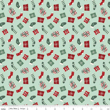 Image of Evergreen Wishes Stockings & Gifts Mint quilting cotton fabric by Traci Reed for Riley Blake Designs. Features presents on a green background. Cute Little Fabric Shop.