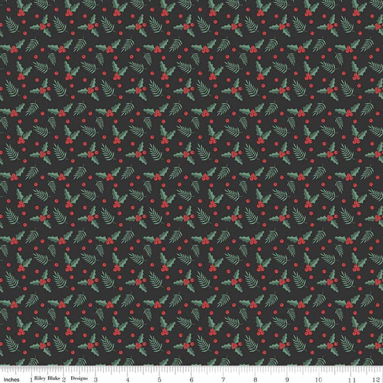Image of Evergreen Wishes Holly Berries Black quilting cotton fabric by Traci Reed for Riley Blake Designs. Features berries on a black background. Cute Little Fabric Shop.