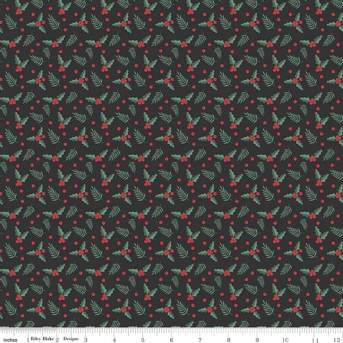 Image of Evergreen Wishes Holly Berries Black quilting cotton fabric by Traci Reed for Riley Blake Designs. Features berries on a black background. Cute Little Fabric Shop.