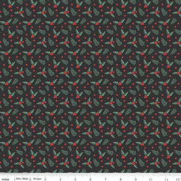 Image of Evergreen Wishes Holly Berries Black quilting cotton fabric by Traci Reed for Riley Blake Designs. Features berries on a black background. Cute Little Fabric Shop.