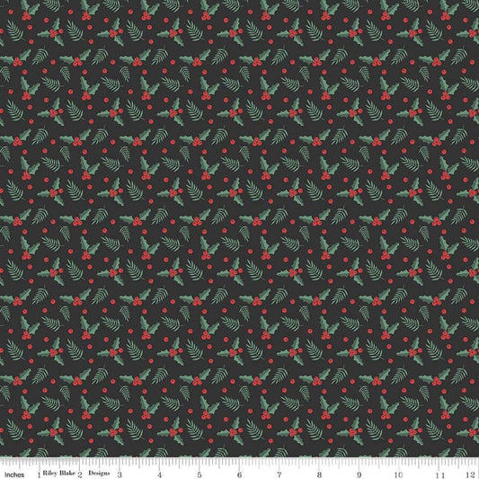 Image of Evergreen Wishes Holly Berries Black quilting cotton fabric by Traci Reed for Riley Blake Designs. Features berries on a black background. Cute Little Fabric Shop.