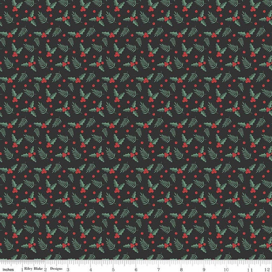 Image of Evergreen Wishes Holly Berries Black quilting cotton fabric by Traci Reed for Riley Blake Designs. Features berries on a black background. Cute Little Fabric Shop.