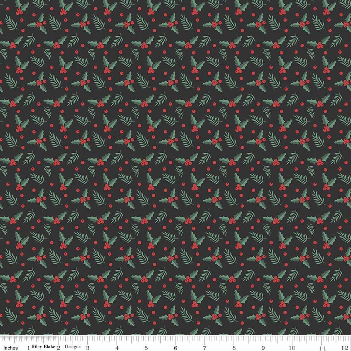 Image of Evergreen Wishes Holly Berries Black quilting cotton fabric by Traci Reed for Riley Blake Designs. Features berries on a black background. Cute Little Fabric Shop.