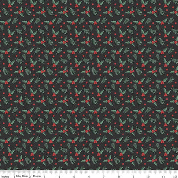 Image of Evergreen Wishes Holly Berries Black quilting cotton fabric by Traci Reed for Riley Blake Designs. Features berries on a black background. Cute Little Fabric Shop.