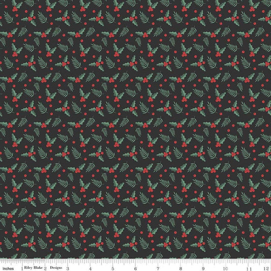 Image of Evergreen Wishes Holly Berries Black quilting cotton fabric by Traci Reed for Riley Blake Designs. Features berries on a black background. Cute Little Fabric Shop.