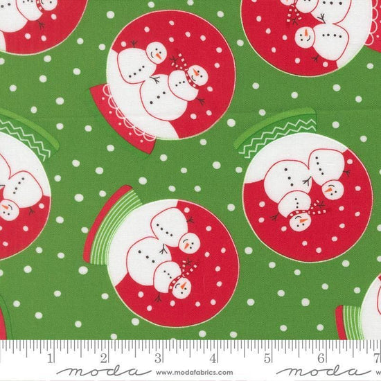 Image of Snow Time Globe Evergreen quilting cotton fabric by Me and My Sister Designs for Moda Fabrics. Features snowglobes on a green background. Cute Little Fabric Shop.