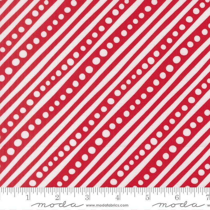 Image of Snow Time Dotted Bias Stripe quilting cotton fabric by Me and My Sister Designs for Moda Fabrics. Features dots and stripes on a red background. Cute Little Fabric Shop.