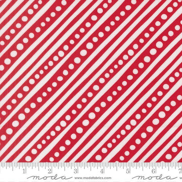 Image of Snow Time Dotted Bias Stripe quilting cotton fabric by Me and My Sister Designs for Moda Fabrics. Features dots and stripes on a red background. Cute Little Fabric Shop.
