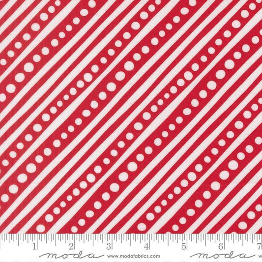 Image of Snow Time Dotted Bias Stripe quilting cotton fabric by Me and My Sister Designs for Moda Fabrics. Features dots and stripes on a red background. Cute Little Fabric Shop.