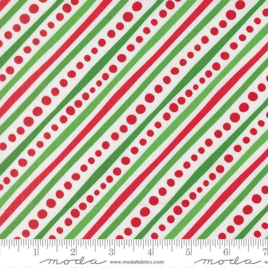 Image of Snow Time Dotted Bias Stripe quilting cotton fabric by Me and My Sister Designs for Moda Fabrics. Features stripes and dots on a white background. Cute Little Fabric Shop.