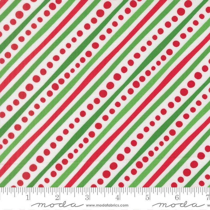 Image of Snow Time Dotted Bias Stripe quilting cotton fabric by Me and My Sister Designs for Moda Fabrics. Features stripes and dots on a white background. Cute Little Fabric Shop.