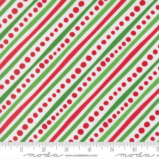 Image of Snow Time Dotted Bias Stripe quilting cotton fabric by Me and My Sister Designs for Moda Fabrics. Features stripes and dots on a white background. Cute Little Fabric Shop.