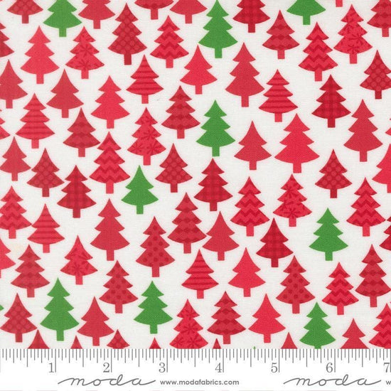Image of Snow Time Tree Poinsettia Red quilting cotton fabric by Me and My Sister Designs for Moda Fabrics. Features trees on a white background. Cute Little Fabric Shop.