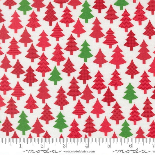 Image of Snow Time Tree Poinsettia Red quilting cotton fabric by Me and My Sister Designs for Moda Fabrics. Features trees on a white background. Cute Little Fabric Shop.