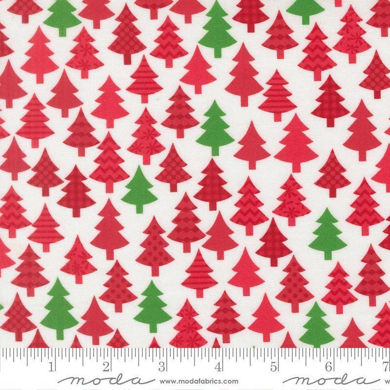 Image of Snow Time Tree Poinsettia Red quilting cotton fabric by Me and My Sister Designs for Moda Fabrics. Features trees on a white background. Cute Little Fabric Shop.