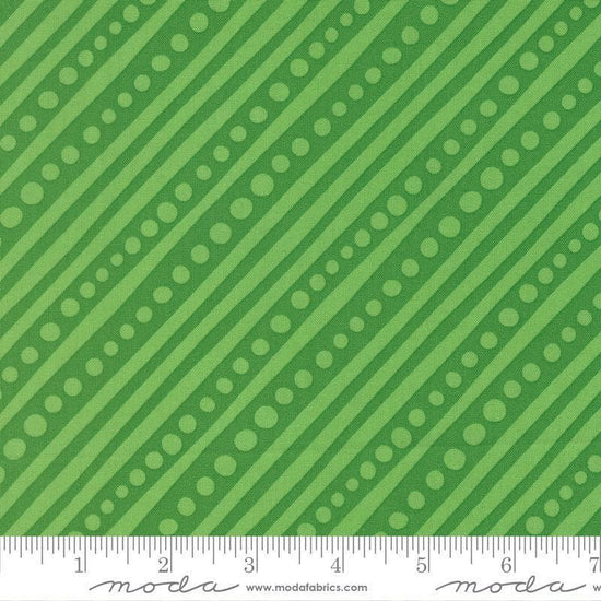 Image of Snow Time Dotted Bias Stripe quilting cotton fabric by Me and My Sister Designs for Moda Fabrics. Features dots and stripes on a green background. Cute Little Fabric Shop.