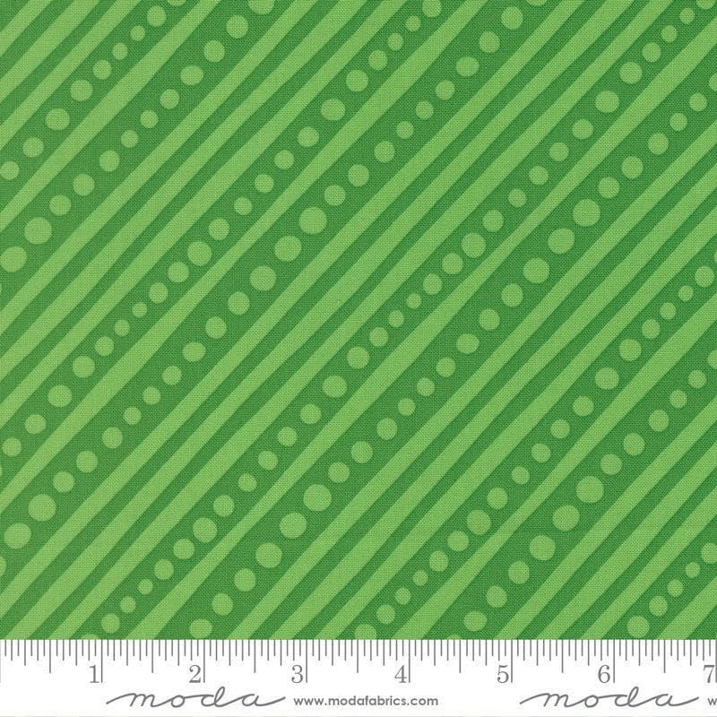 Image of Snow Time Dotted Bias Stripe quilting cotton fabric by Me and My Sister Designs for Moda Fabrics. Features dots and stripes on a green background. Cute Little Fabric Shop.