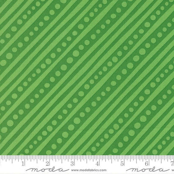 Image of Snow Time Dotted Bias Stripe quilting cotton fabric by Me and My Sister Designs for Moda Fabrics. Features dots and stripes on a green background. Cute Little Fabric Shop.