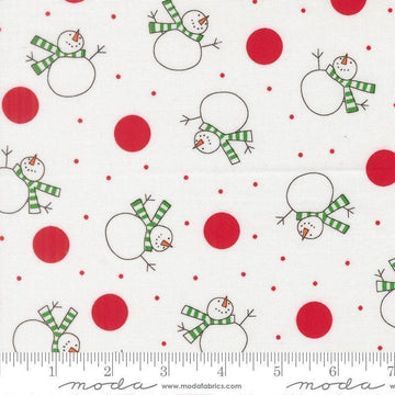 Image of Snow Time Tossed Winter White quilting cotton fabric by Me and My Sister Designs for Moda Fabrics. Features snowmen on a white background. Cute Little Fabric Shop.