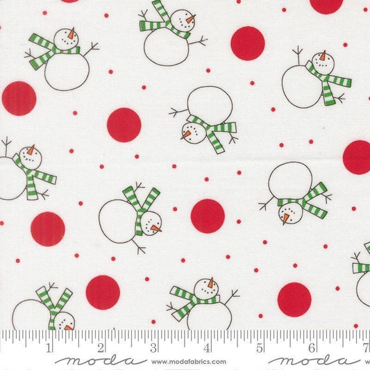 Image of Snow Time Tossed Winter White quilting cotton fabric by Me and My Sister Designs for Moda Fabrics. Features snowmen on a white background. Cute Little Fabric Shop.