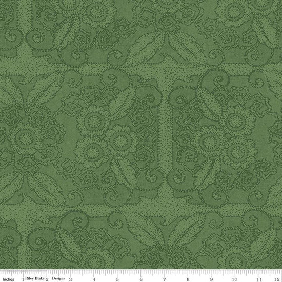 Image of Gingerbread Lacy Blender Green quilting cotton fabric by J. Wecker Frisch for Riley Blake Designs. Features flowers on a green background. Cute Little Fabric Shop.