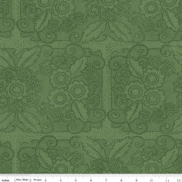 Image of Gingerbread Lacy Blender Green quilting cotton fabric by J. Wecker Frisch for Riley Blake Designs. Features flowers on a green background. Cute Little Fabric Shop.