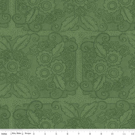 Image of Gingerbread Lacy Blender Green quilting cotton fabric by J. Wecker Frisch for Riley Blake Designs. Features flowers on a green background. Cute Little Fabric Shop.