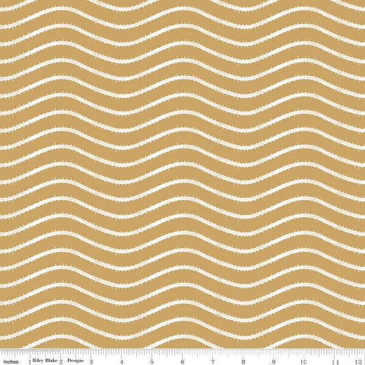 Image of Gingerbread Icing Stripe Gingersnap quilting cotton fabric by J. Wecker Frisch for Riley Blake Designs. Features wavy stripes on a brown background. Cute Little Fabric Shop.