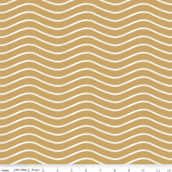 Image of Gingerbread Icing Stripe Gingersnap quilting cotton fabric by J. Wecker Frisch for Riley Blake Designs. Features wavy stripes on a brown background. Cute Little Fabric Shop.