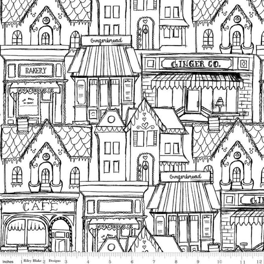 Image of Gingerbread Village White quilting cotton fabric by J. Wecker Frisch for Riley Blake Designs. Features buildings on a white background. Cute Little Fabric Shop.