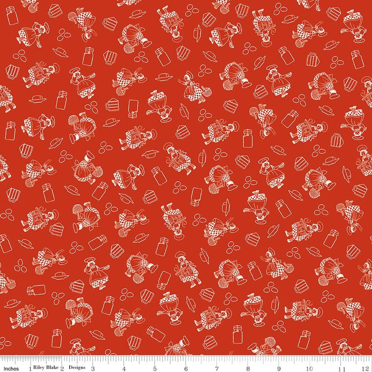 Image of Gingerbread Baking Girls Red quilting cotton fabric by J. Wecker Frisch for Riley Blake Designs. Features bakers on a red background. Cute Little Fabric Shop.