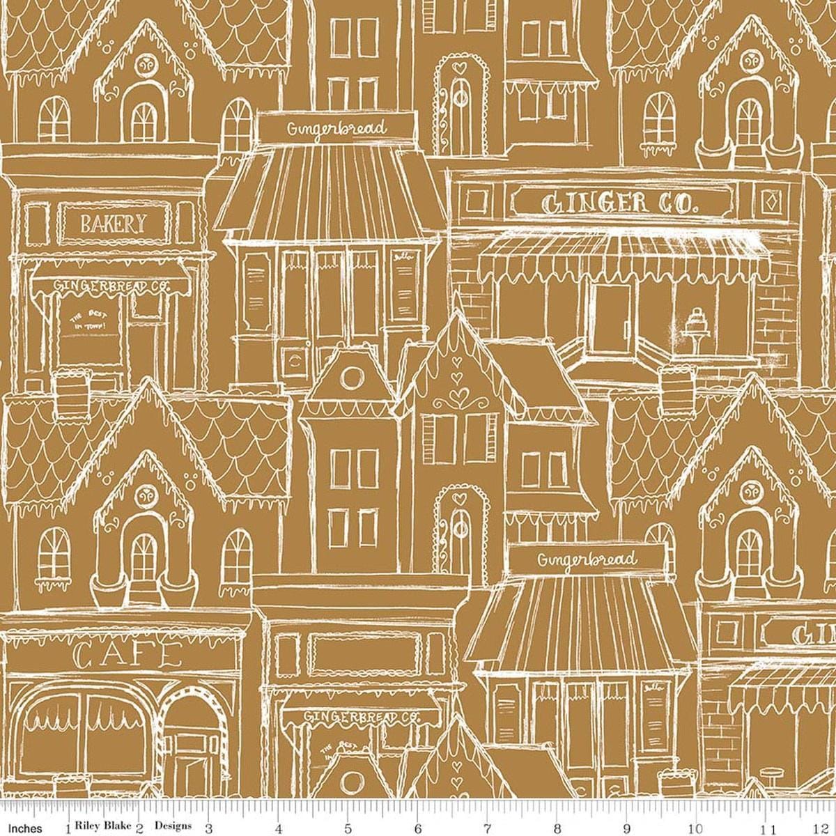 Image of Gingerbread Village Gingersnap quilting cotton fabric by J. Wecker Frisch for Riley Blake Designs. Features buildings on a brown background. Cute Little Fabric Shop.