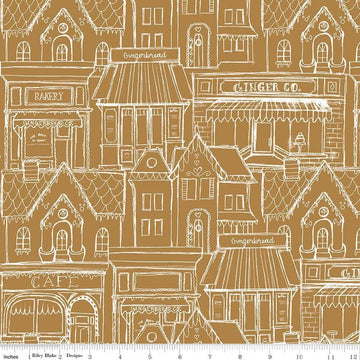 Image of Gingerbread Village Gingersnap quilting cotton fabric by J. Wecker Frisch for Riley Blake Designs. Features buildings on a brown background. Cute Little Fabric Shop.