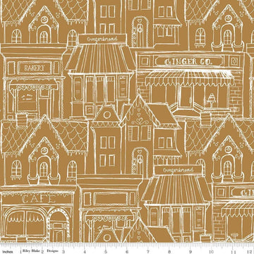 Image of Gingerbread Village Gingersnap quilting cotton fabric by J. Wecker Frisch for Riley Blake Designs. Features buildings on a brown background. Cute Little Fabric Shop.