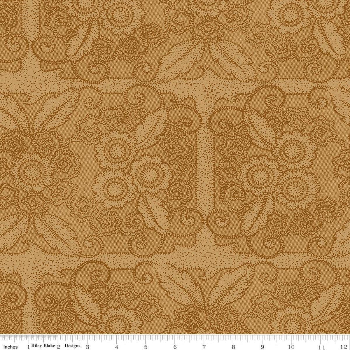 Image of Gingerbread Lacy Blender Gingersnap quilting cotton fabric by J. Wecker Frisch for Riley Blake Designs. Features flowers on a brown background. Cute Little Fabric Shop.