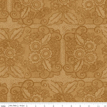 Image of Gingerbread Lacy Blender Gingersnap quilting cotton fabric by J. Wecker Frisch for Riley Blake Designs. Features flowers on a brown background. Cute Little Fabric Shop.