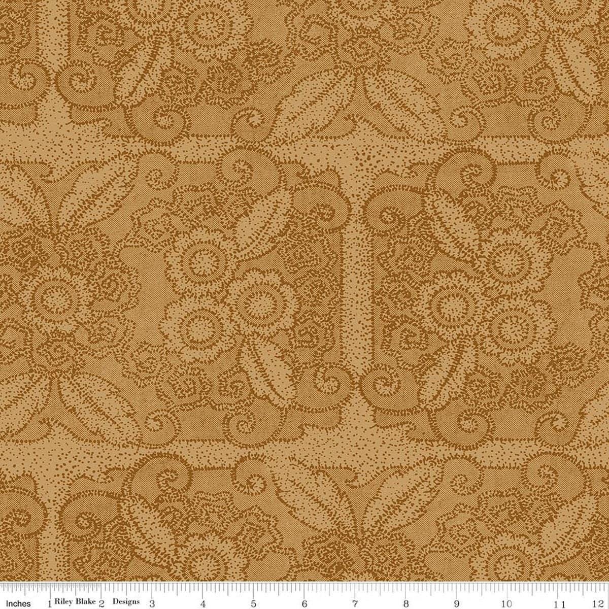 Image of Gingerbread Lacy Blender Gingersnap quilting cotton fabric by J. Wecker Frisch for Riley Blake Designs. Features flowers on a brown background. Cute Little Fabric Shop.