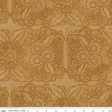 Image of Gingerbread Lacy Blender Gingersnap quilting cotton fabric by J. Wecker Frisch for Riley Blake Designs. Features flowers on a brown background. Cute Little Fabric Shop.